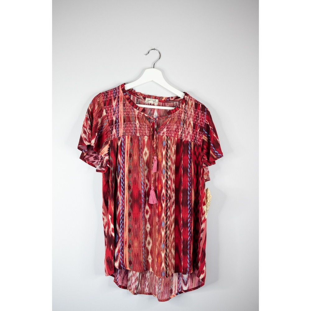One World Blouse Womens XL Wine Red New Smocked Tassel Ikat Boho Top shirt‎